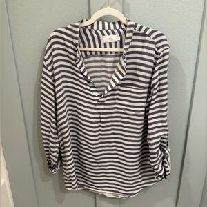 Onia Striped V-Neck Button-Front Top in Navy and White